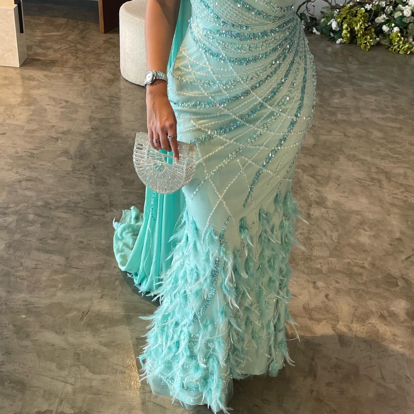 Turquoise One-Shoulder Mermaid Evening Dress with Beading & Feather SS498 Sheer Fairy