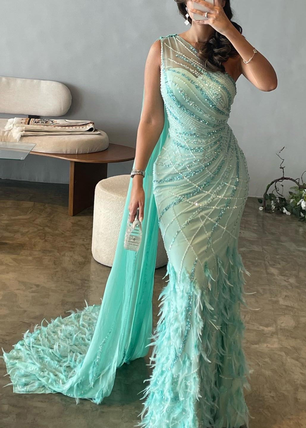 Turquoise One-Shoulder Mermaid Evening Dress with Beading & Feather SS498 Sheer Fairy