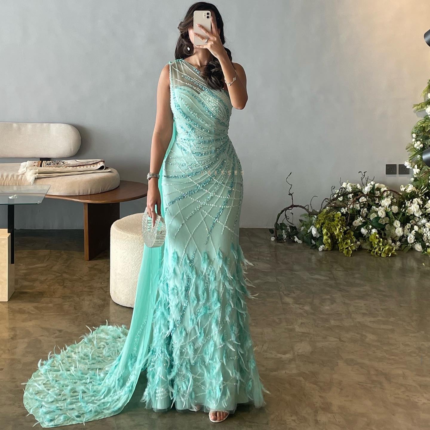 Turquoise One-Shoulder Mermaid Evening Dress with Beading & Feather SS498 Sheer Fairy