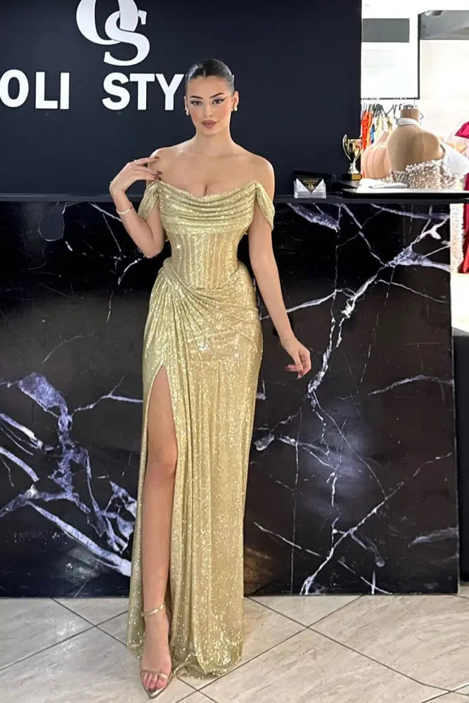Gold Sequin Off Shoulder Column Prom Dress with Thigh Slit SH546 SHEER FAIRY Gold Sequin Off Shoulder Column Prom Dress with Thigh Slit SH546 SHEER FAIRY