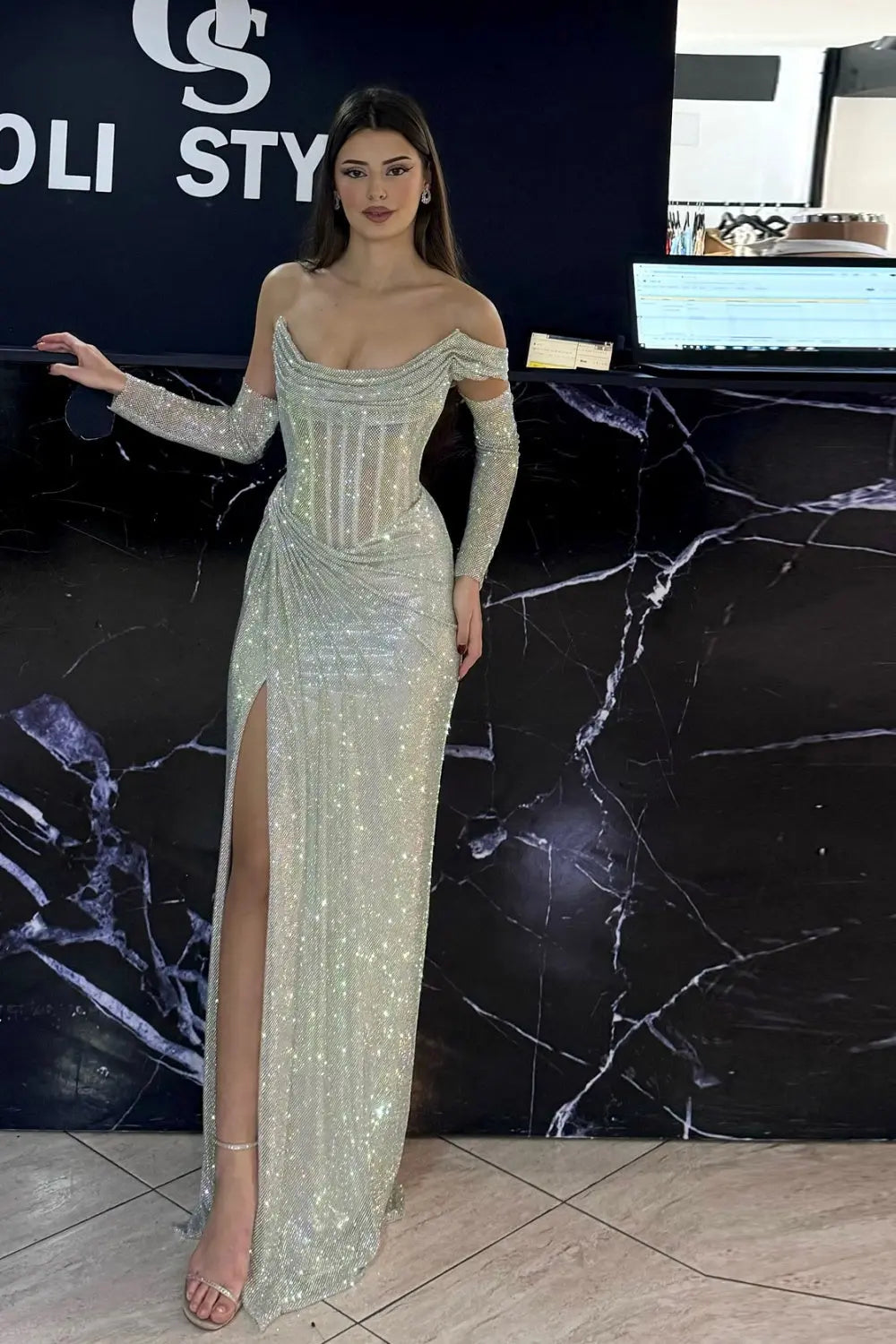 Luxury Sequin Beaded Silver Evening Dress with Slit SH548 Sheer Fairy