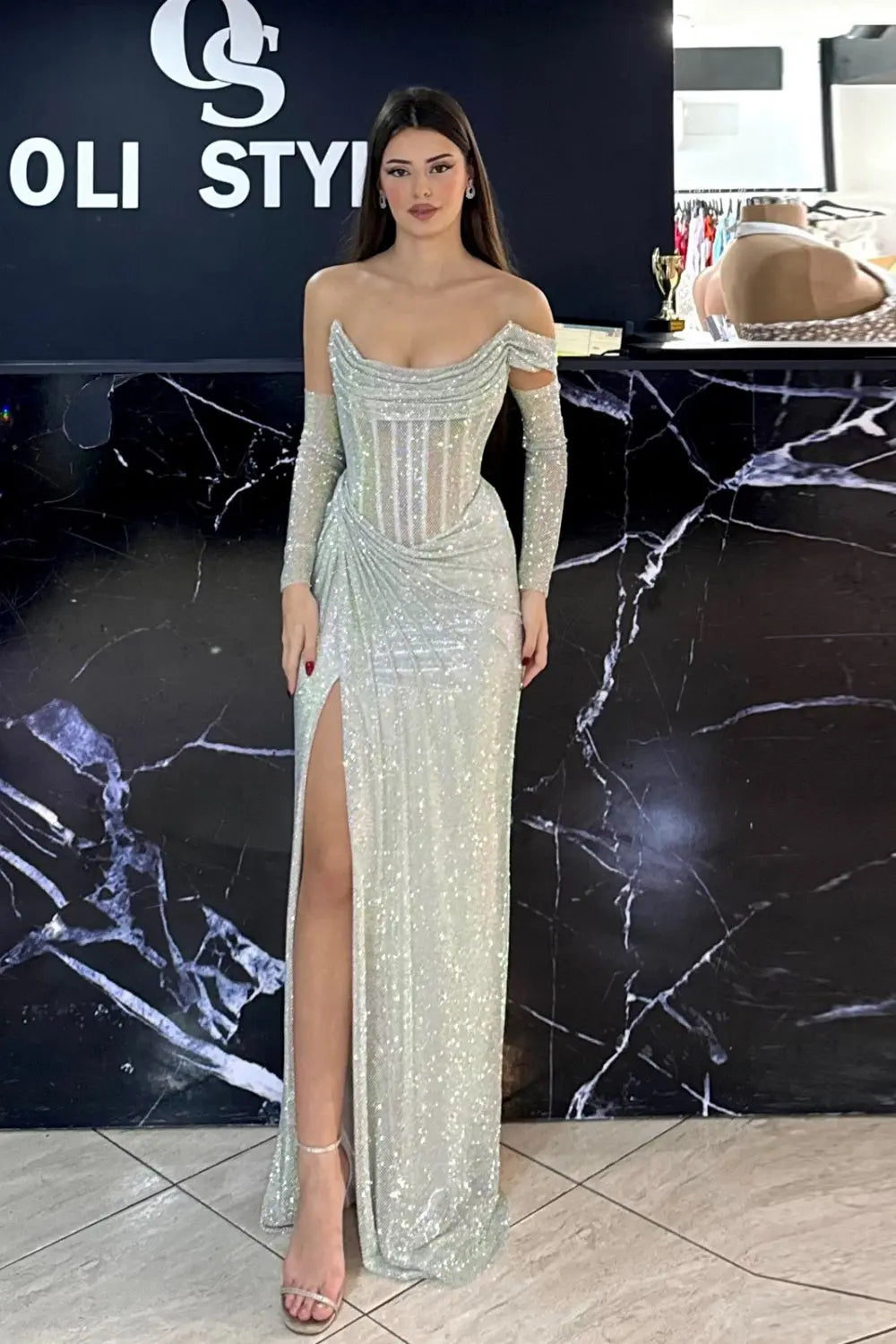 Luxury Sequin Beaded Silver Evening Dress with Slit SH548 Sheer Fairy