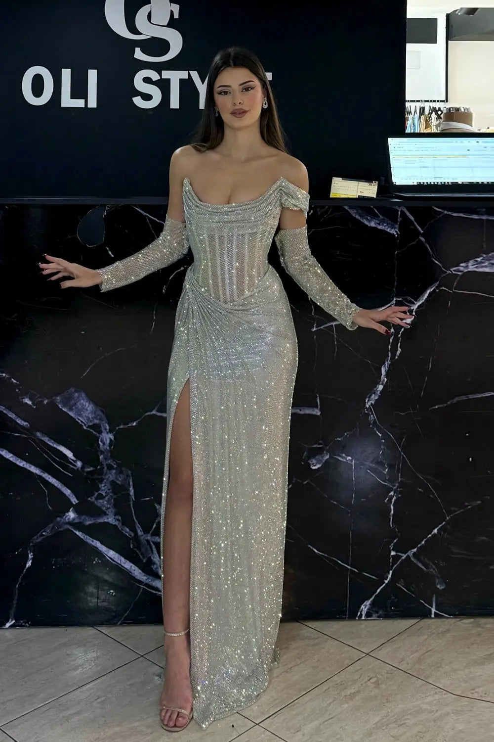 Luxury Sequin Beaded Silver Evening Dress with Slit SH548 Sheer Fairy