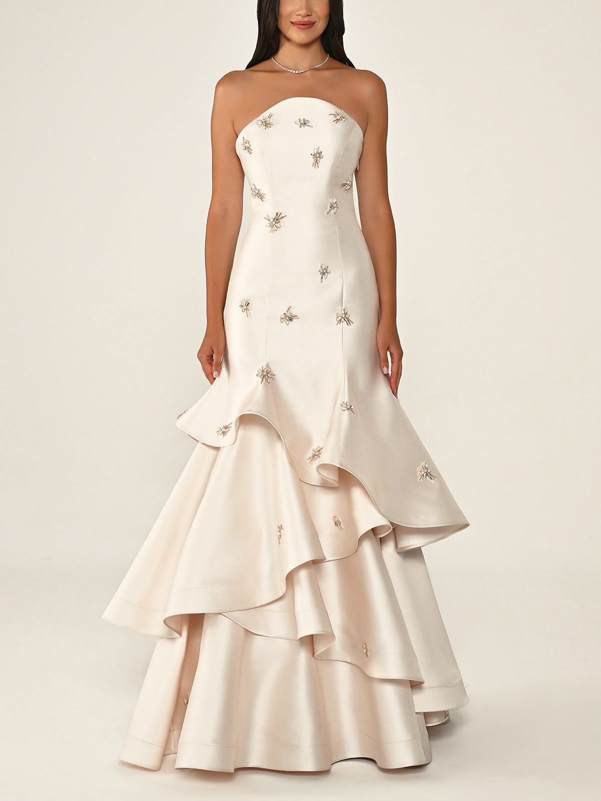Ivory Satin Mermaid Evening Dress with Beaded Embroidery SF587 Sheer Fairy