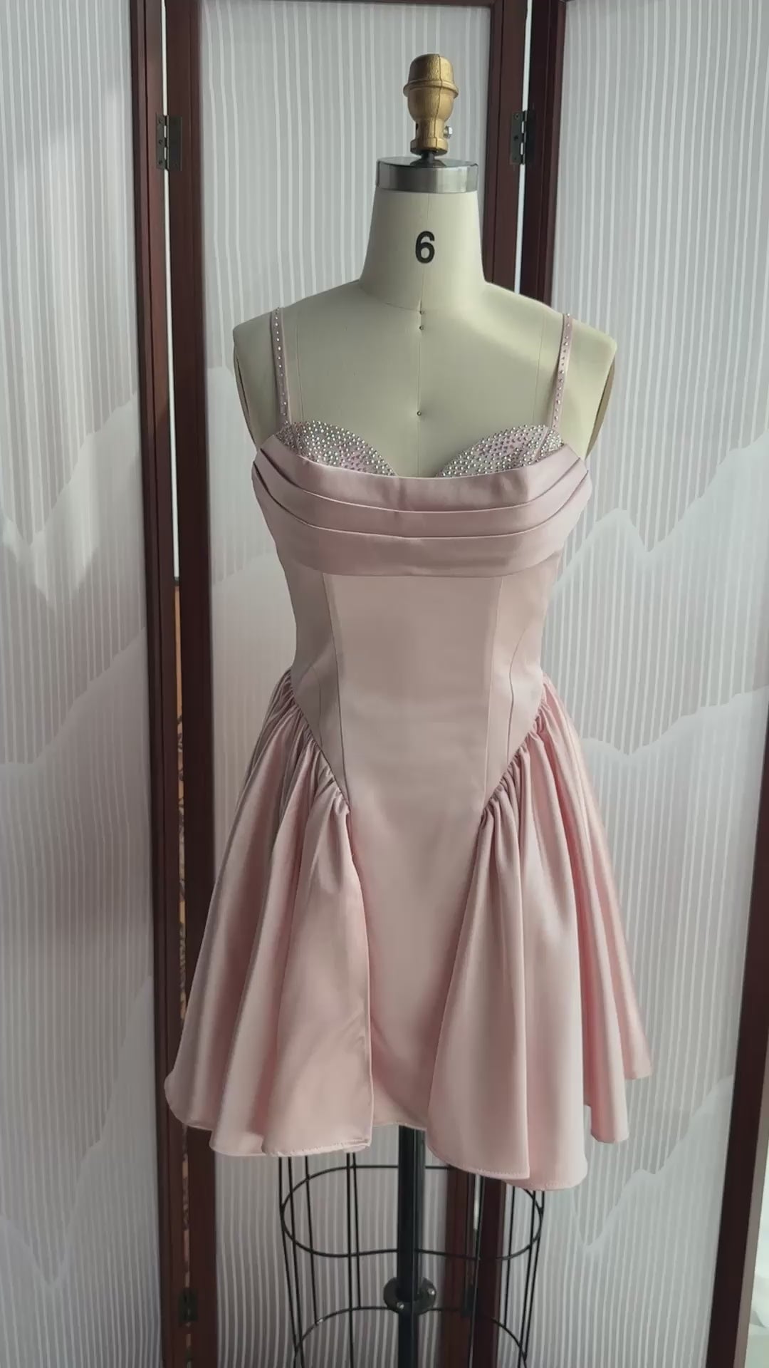 Load video: Blush Pink Satin Spaghetti Strap Mini Homecoming Dress RM187