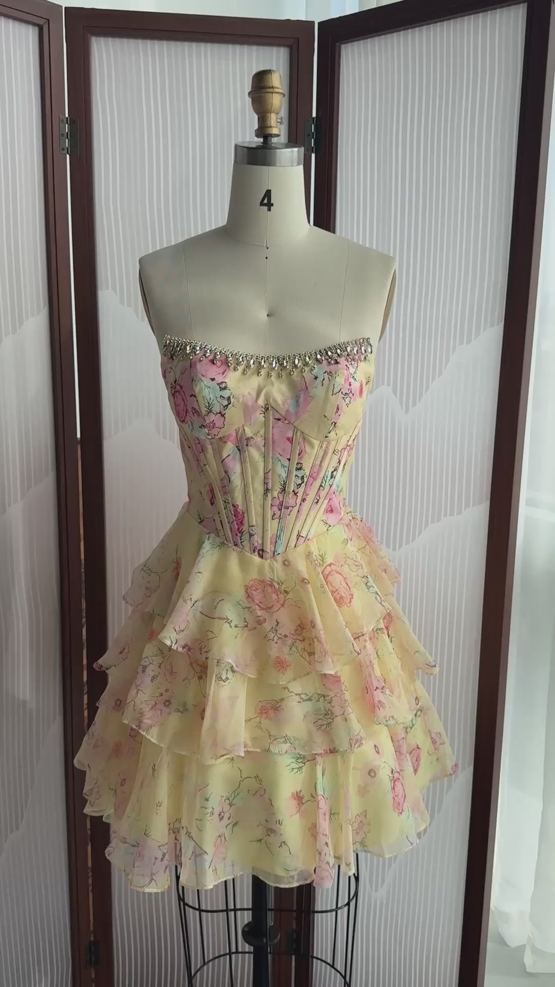 Load video: Yellow Floral Beaded Strapless Mini Dress RM197