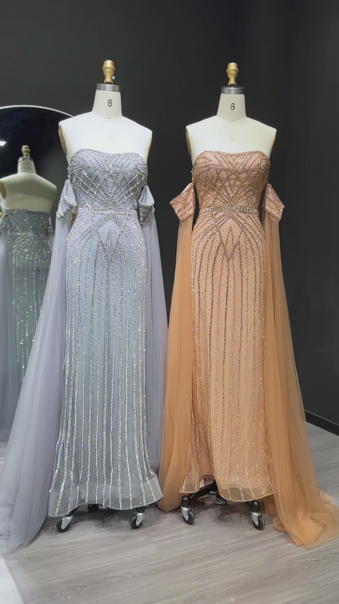 Load video: Elegant Strapless Beaded Mermaid Prom Dress with Detachable Tulle Cape Sleeves SH311