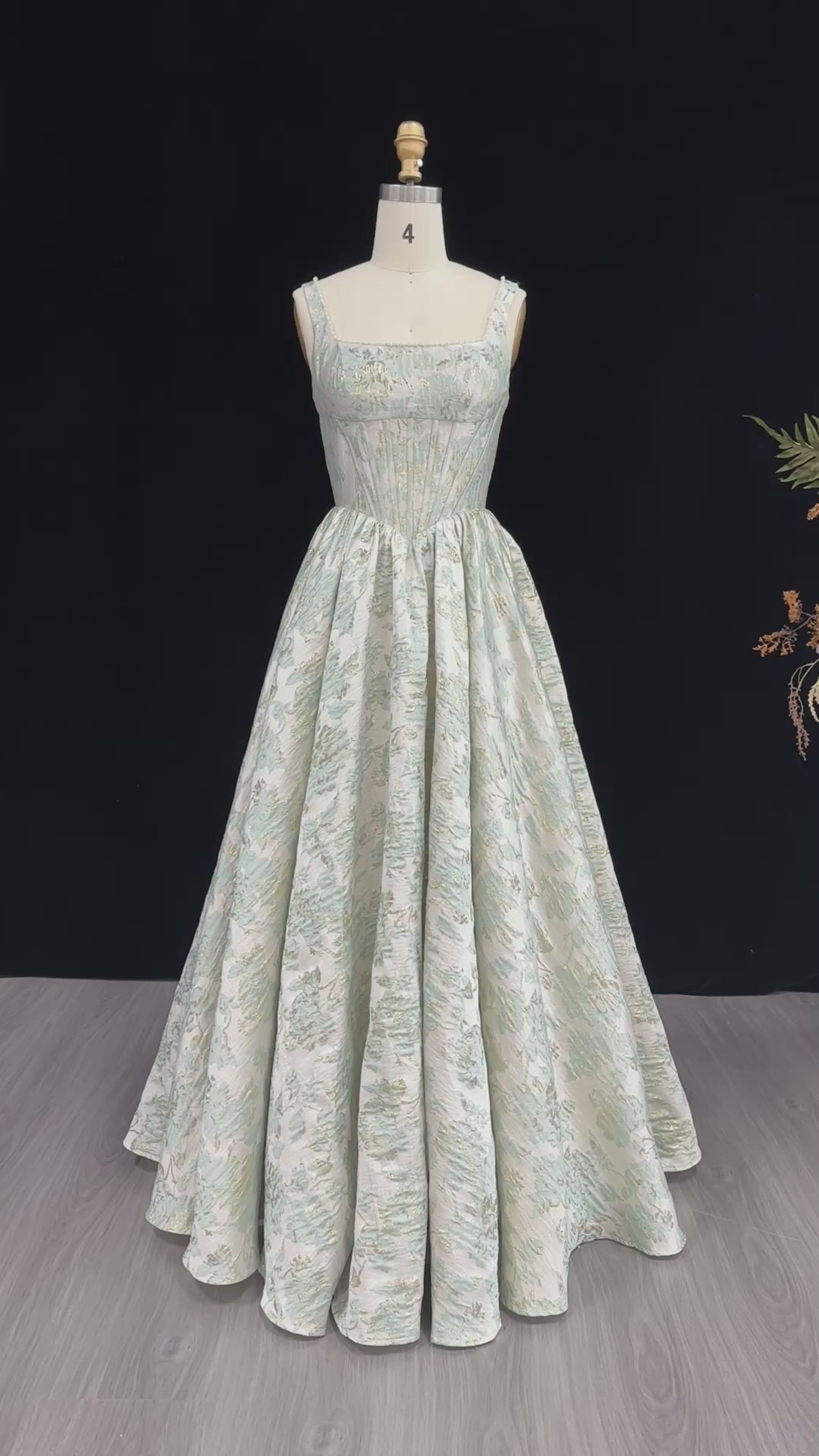 Load video: Glamorous Sage Green Corset Prom Dress with Structured Bodice SH182