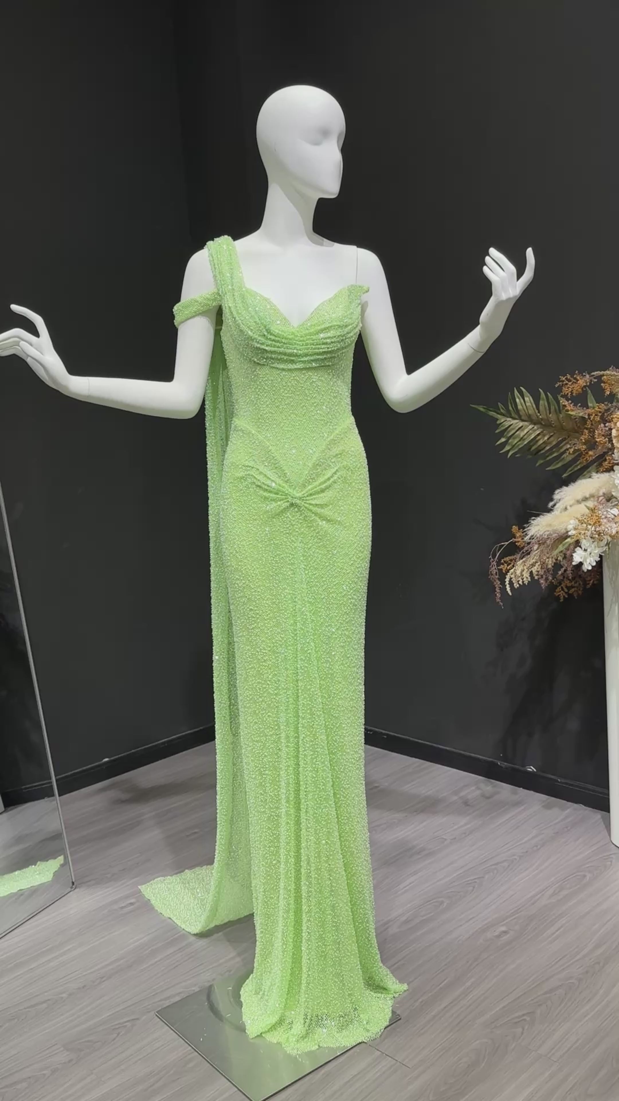 Load video: Elegant One-Shoulder Beaded Mermaid Prom Dress with Drape Detail SH572