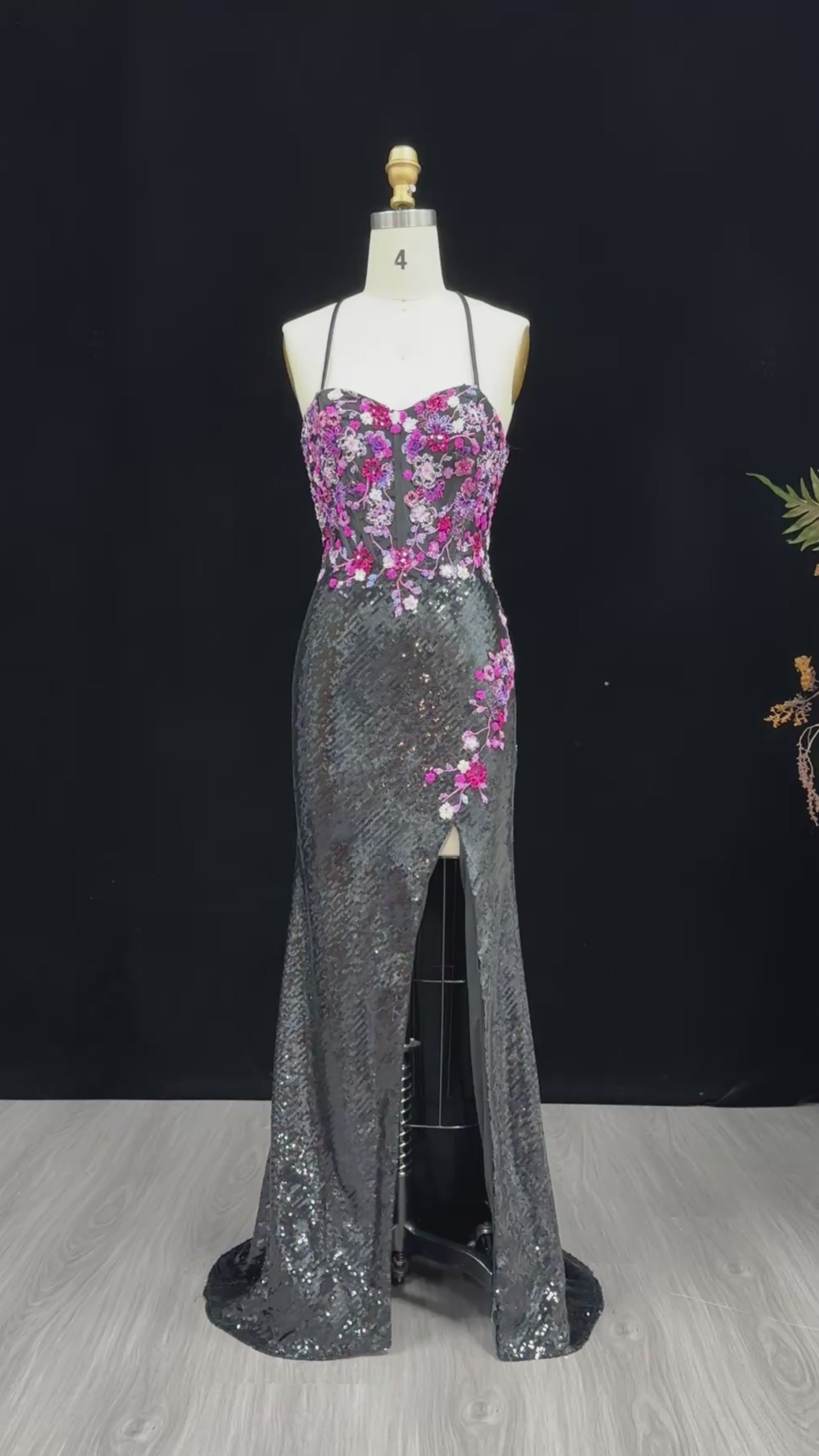 Load video: Romantic Black Full Sequin Multi-Tone Rhinestone Flower Fitted Prom Dress SH186