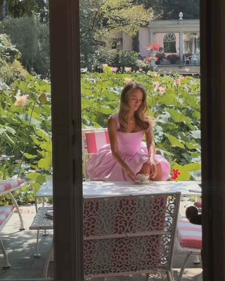 Load video: Pink Off-Shoulder Satin Mini Short Homecoming Dress RM202
