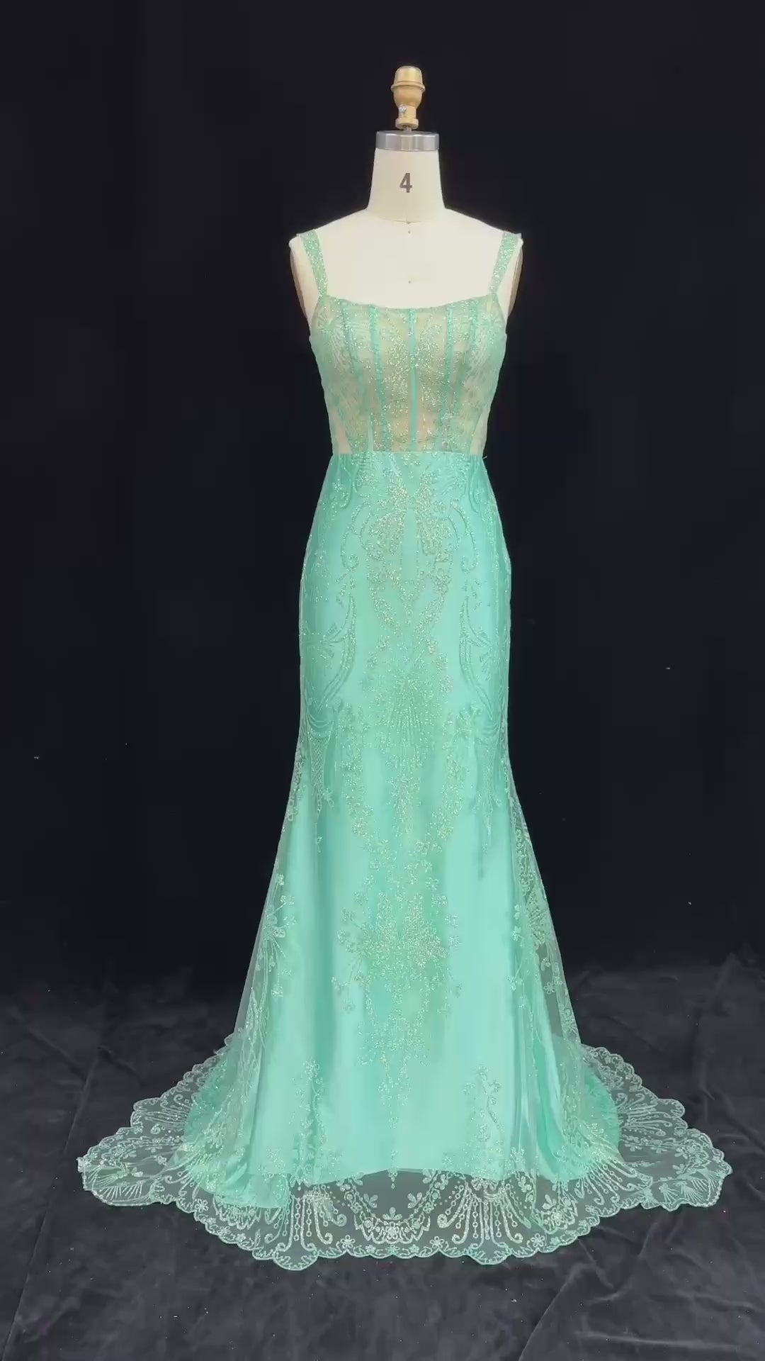 Load video: Glamorous Turquoise Spaghetti Strap Prom Dress with Lace Overlay SH192