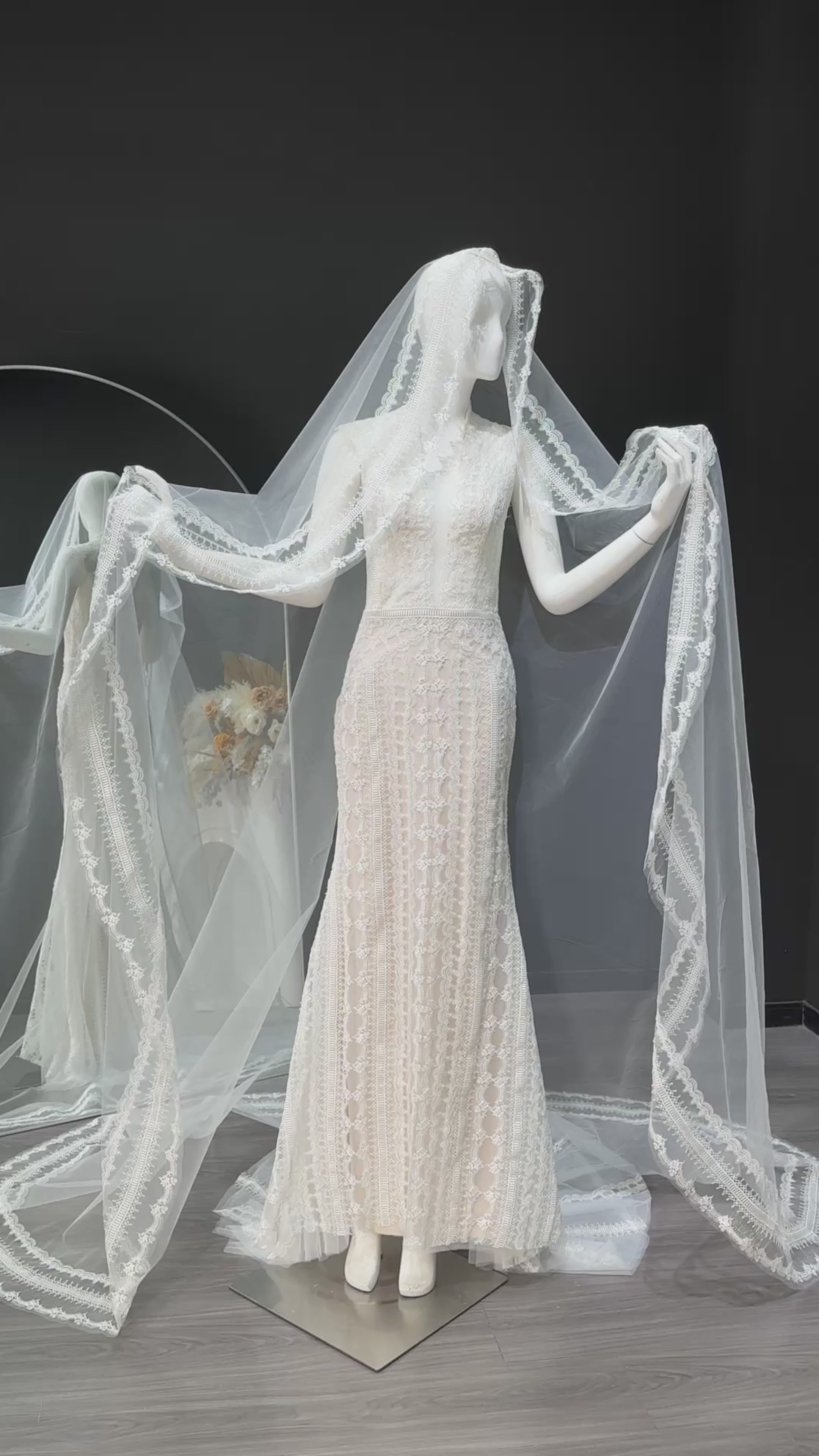 Load video: V Neck Elegant Lace Mermaid Wedding Dress with Cathedral Veil SW662