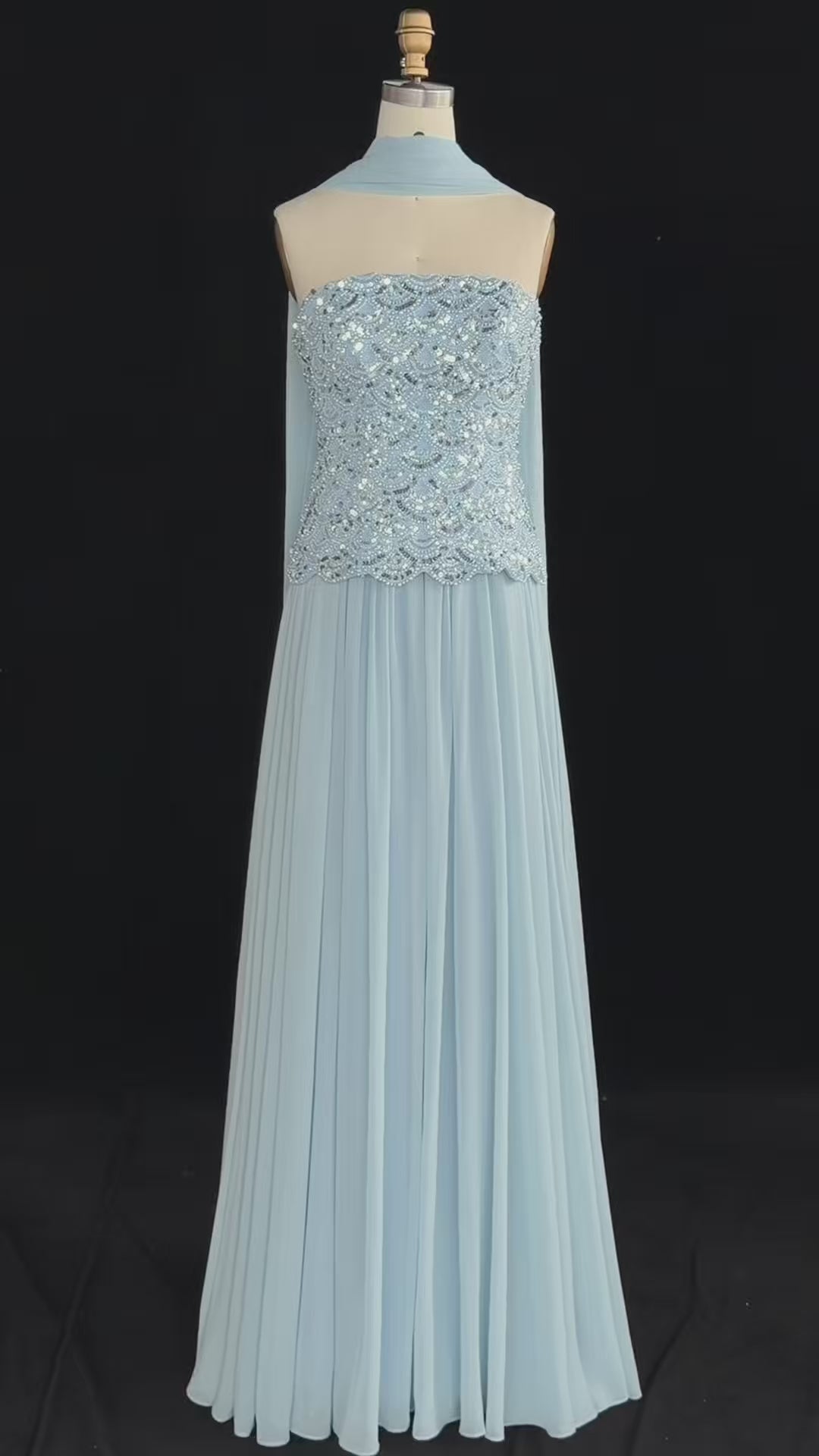 Load video: Sky Blue Sequin Bodice Strapless Pleated Long Evening Dress SS651