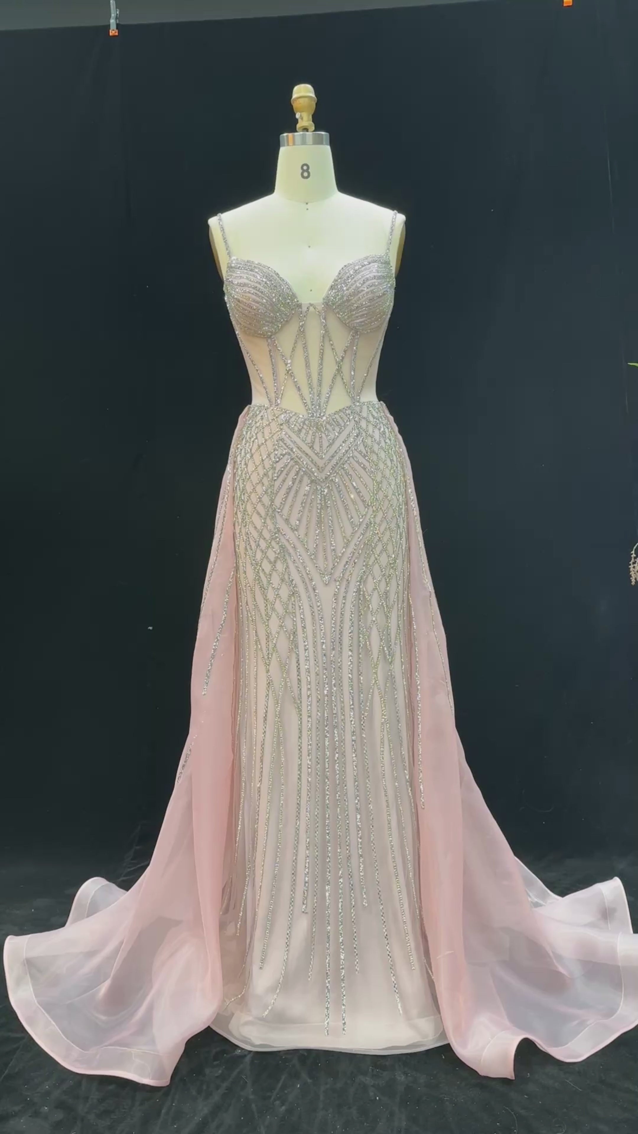 Load video: Luxury Illusion Corset Beaded Prom Dress with Detachable Organza Train SH056