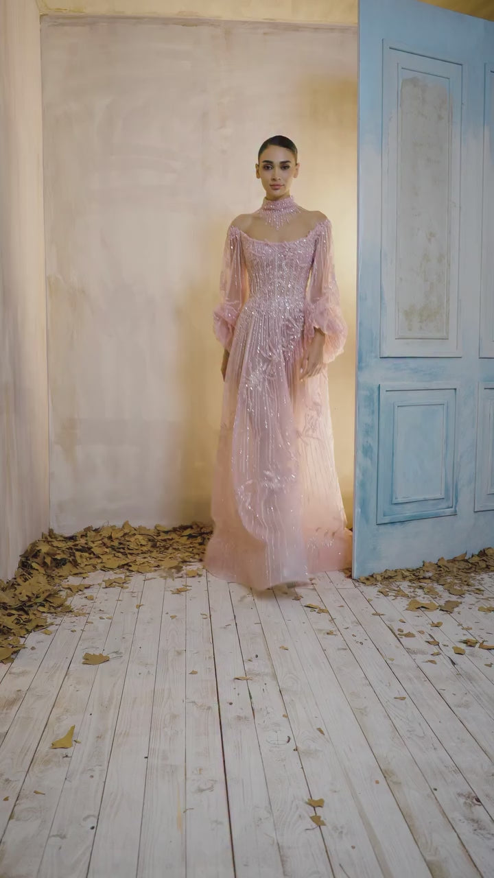 Cargar vídeo: Dusty Pink Sequin A Line Evening Gown Off the Shoulder Puff Long Sleeve Formal Dress SS411