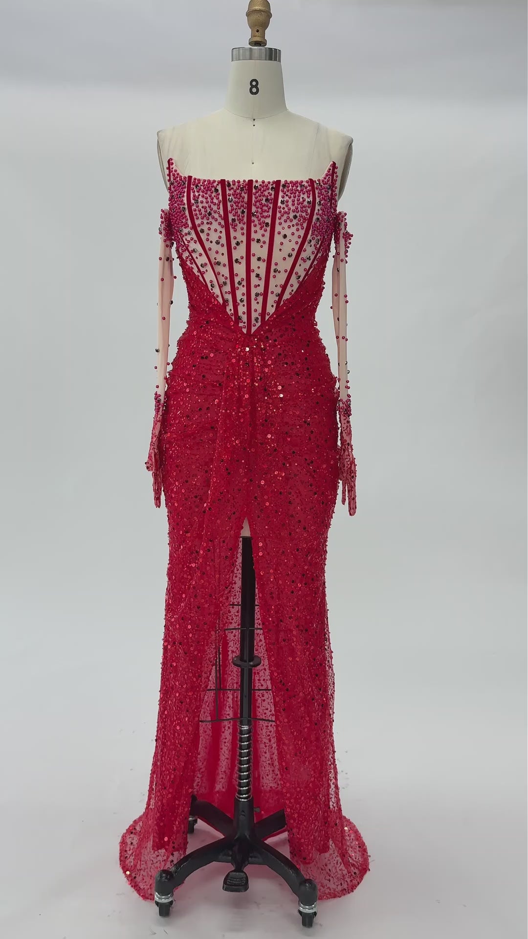 Load video: Red Sequin High Slit Evening Dress with Boned Corset and Matching Sleeves ST024