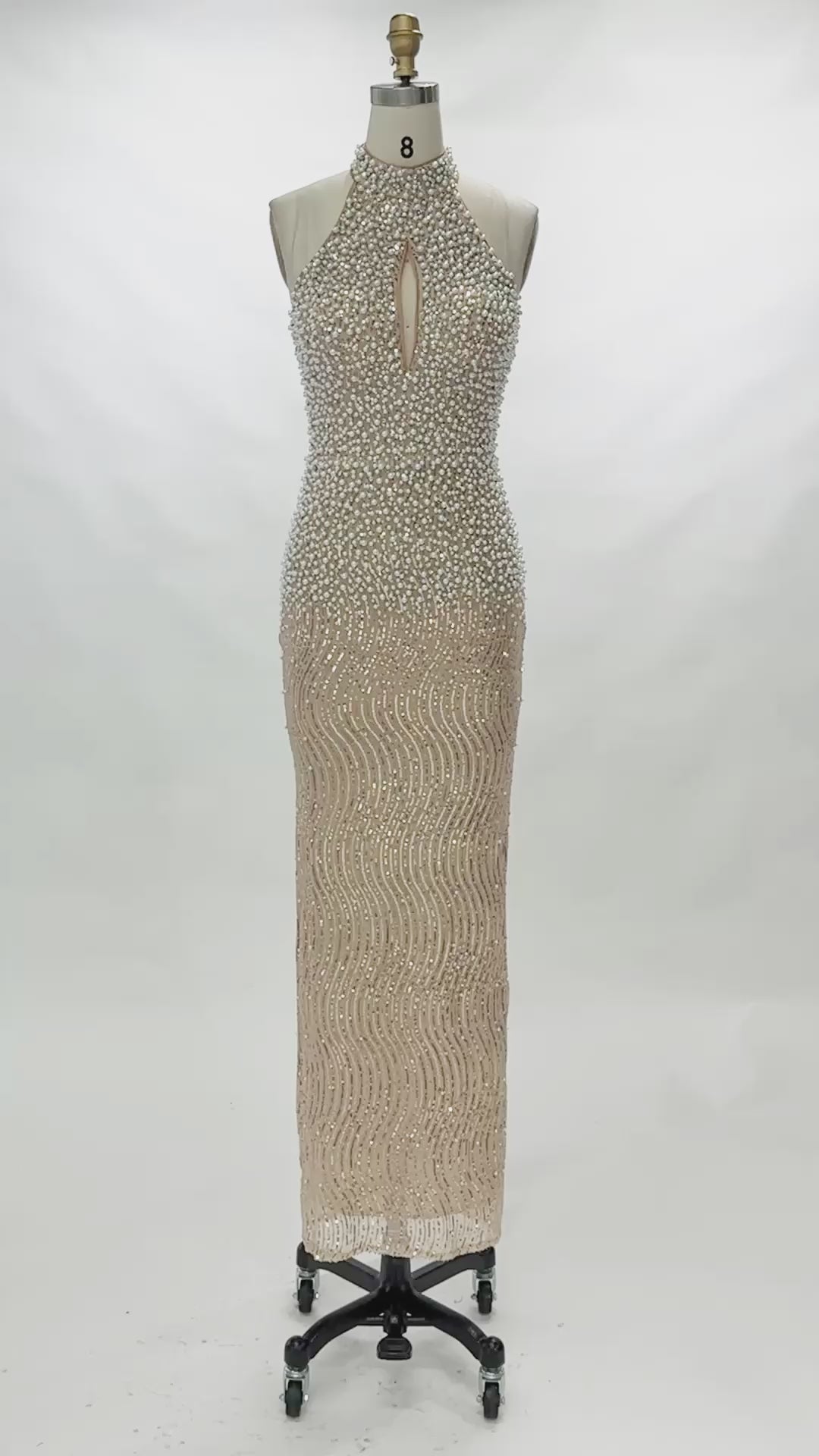 Carica video: Champagne Pearl High Neck Sequin Evening Dress ST097