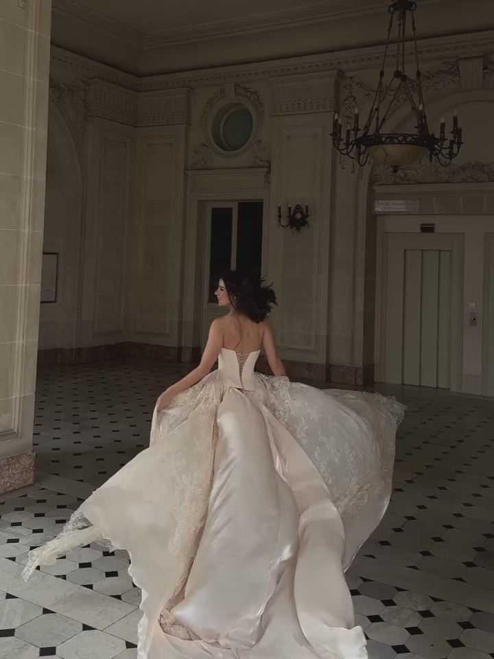Load video: Strapless Corset Lace Dress with High-Low Train SW240