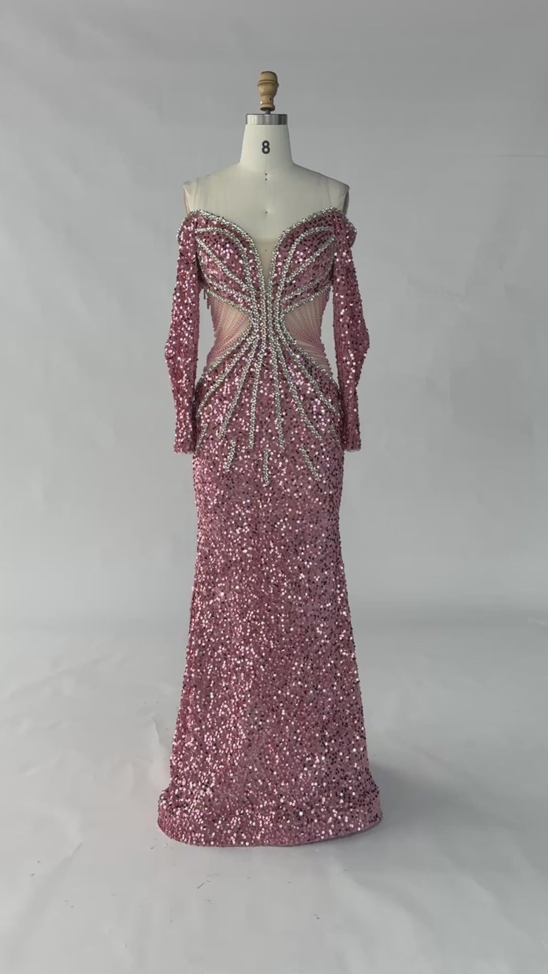 Load video: Elegant Pink Beaded Off Shoulder Sequin Evening Dress ST054