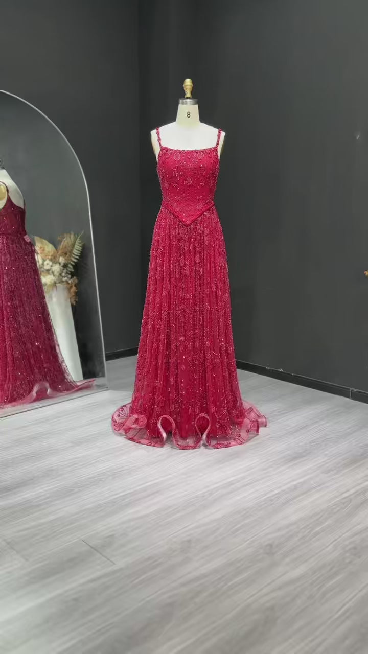 Charger la vidéo : Luxury Sequined Floral Lace Square Neck A-Line Evening Dress SS693