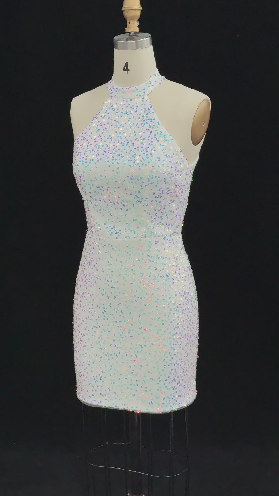 Load video: White Iridescent Sequin Halter Mini Dress RM147