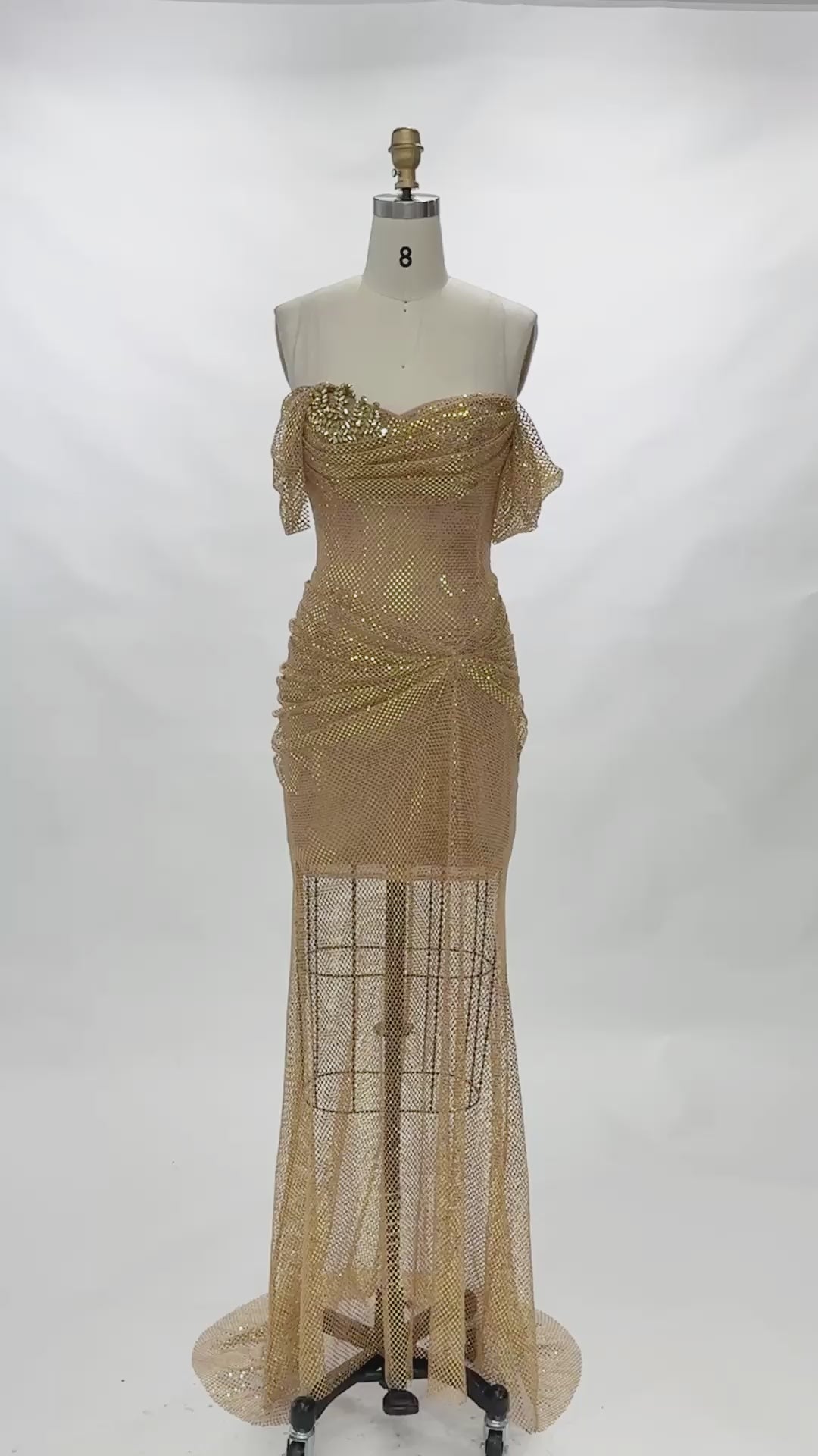 Load video: Champagne Off Shoulder Mesh Evening Maxi Dress ST098