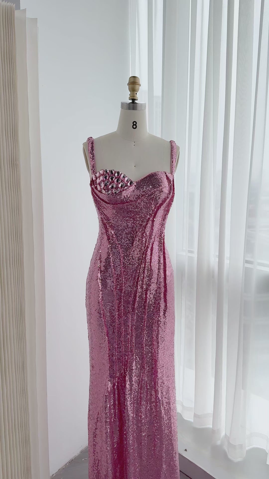 Load video: Pink Sequin Crystal Embellished Evening Dress