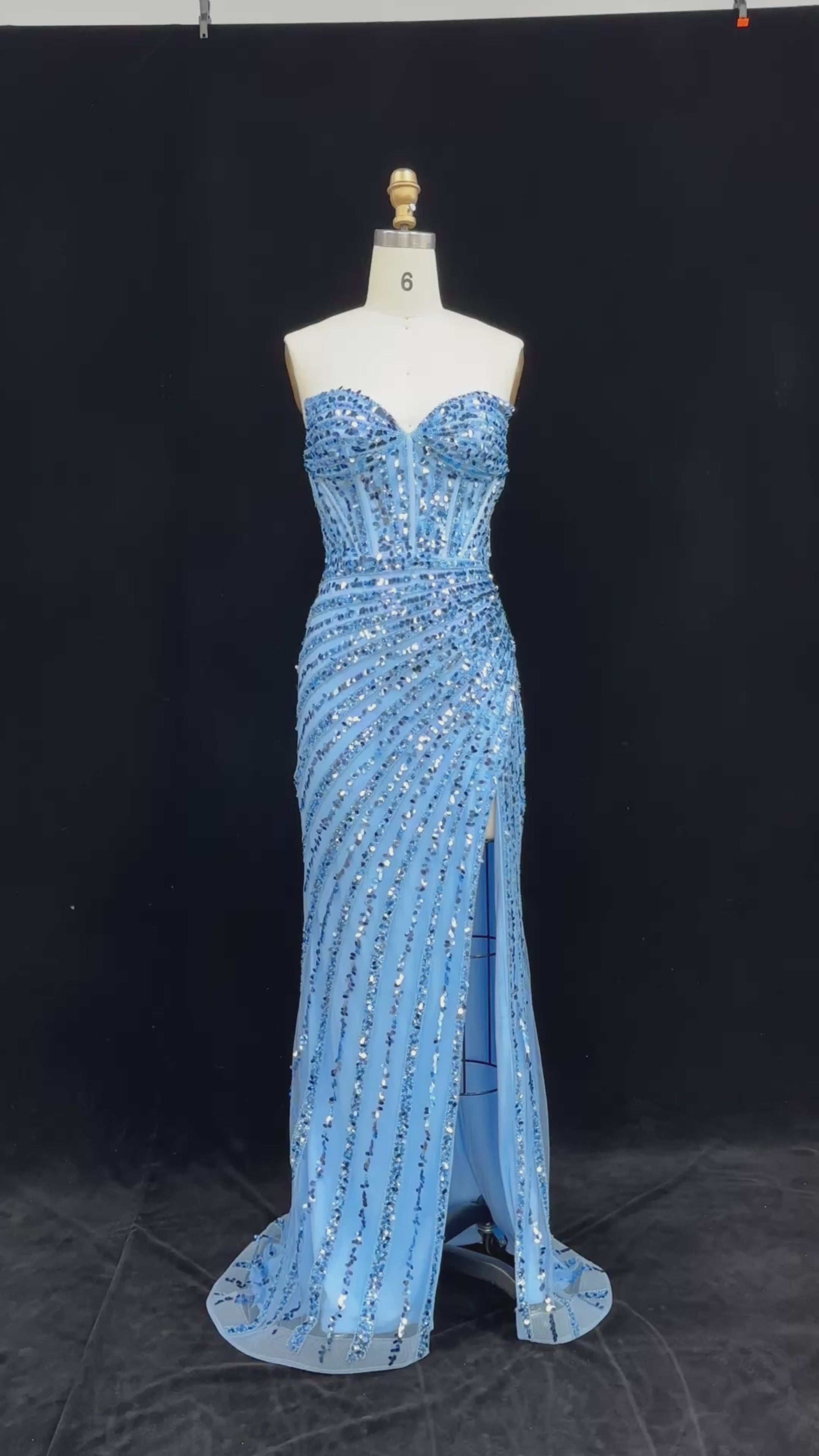 Load video: Elegant Strapless Sequin Mermaid Prom Dress with High Slit SH188