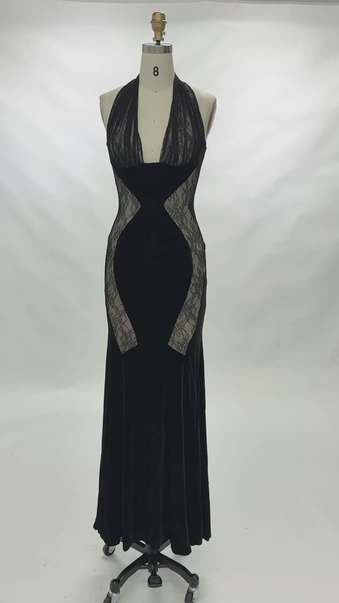Load video: Black Halter Velvet Sheer Evening Gown ST085