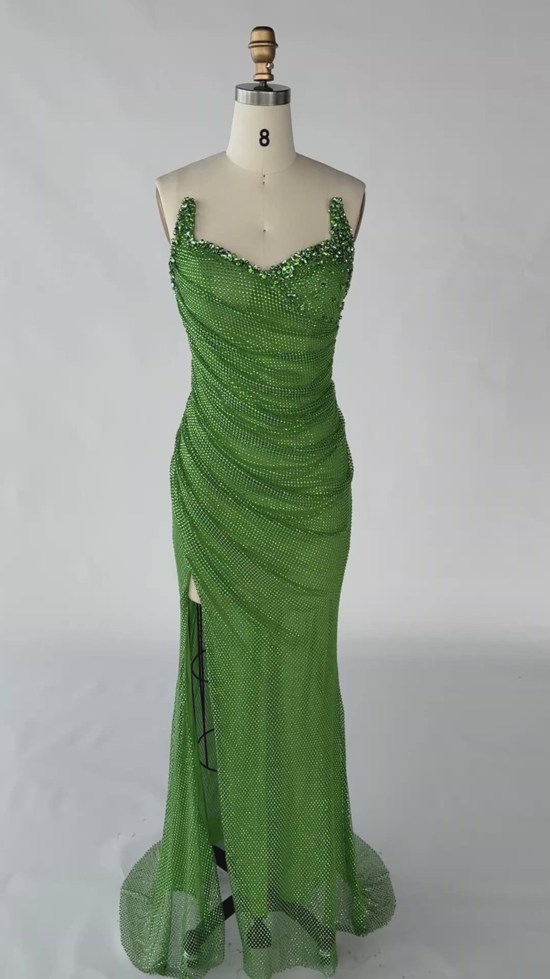 Load video: Green Beading Tulle Evening Gown Spaghetti Straps Ruched Bodycon Prom Dress High Slit ST013