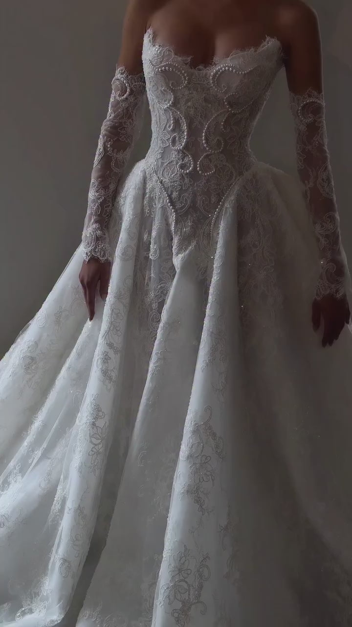Load video: Sweetheart Chapel Strapless Lace Ball Gown Wedding Dress SW589