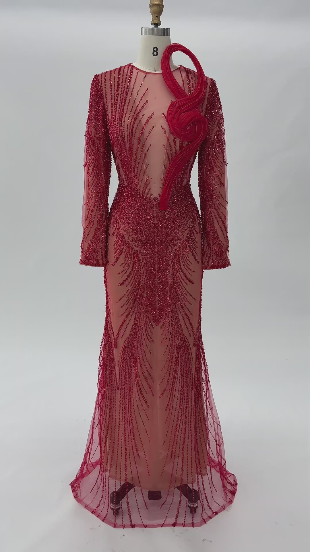 Load video: Red Sequin Beaded Long Sleeve Evening Dress with 3D Sculptural Neck Detail ST020