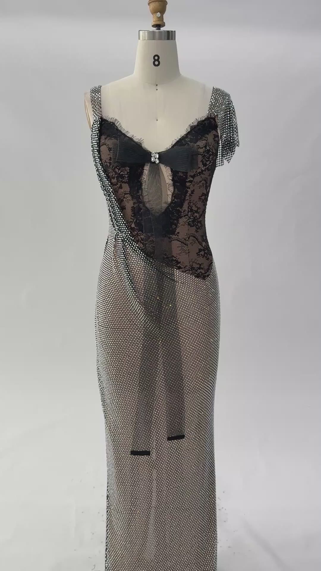 Load video: Black Lace Patchwork Silver Sparkle Mesh Floor Length Evening Dress ST023