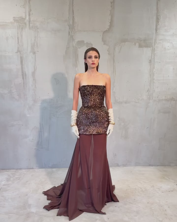 Video laden: Chocolate Brown Two-Piece Sequin Mermaid Evening Dress SF442