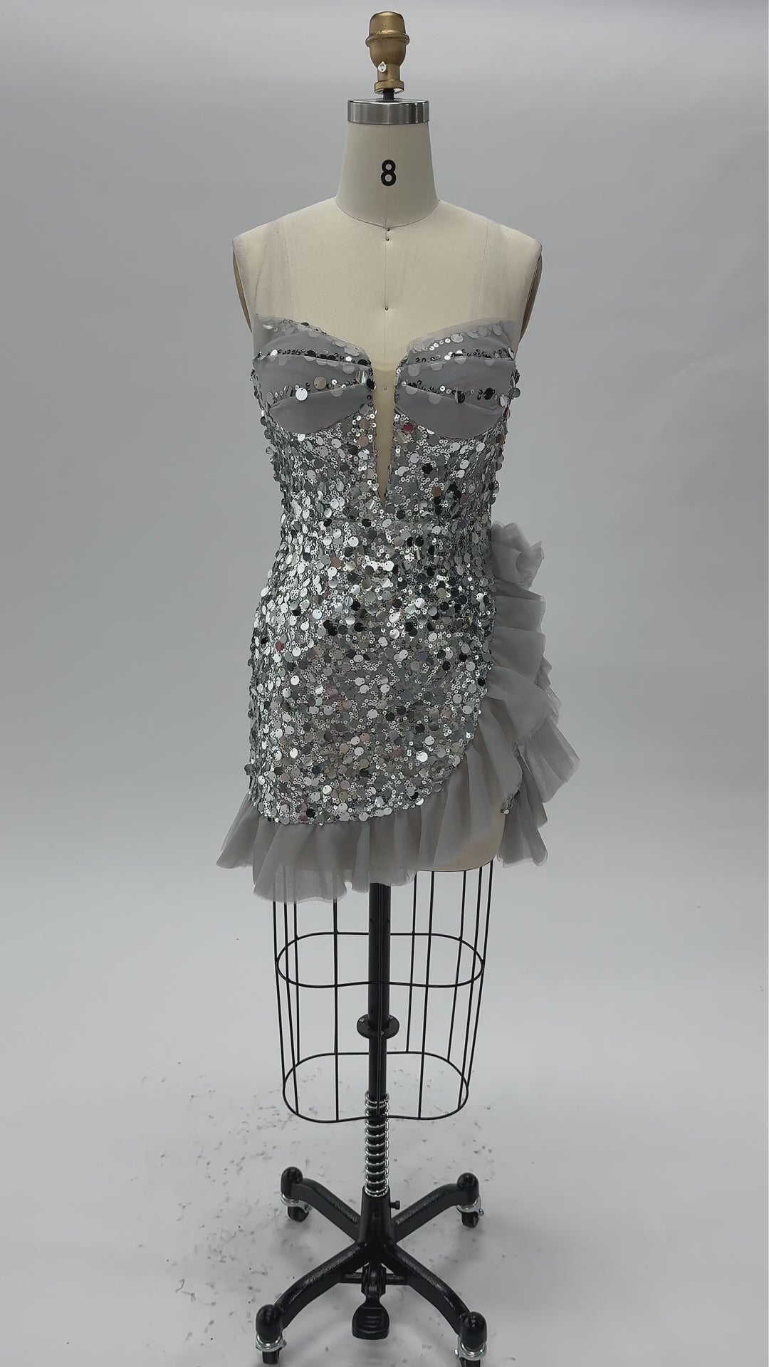 Load video: Gray Sequin Strapless Mini Evening Dress with Ruffle Tulle Hem ST019