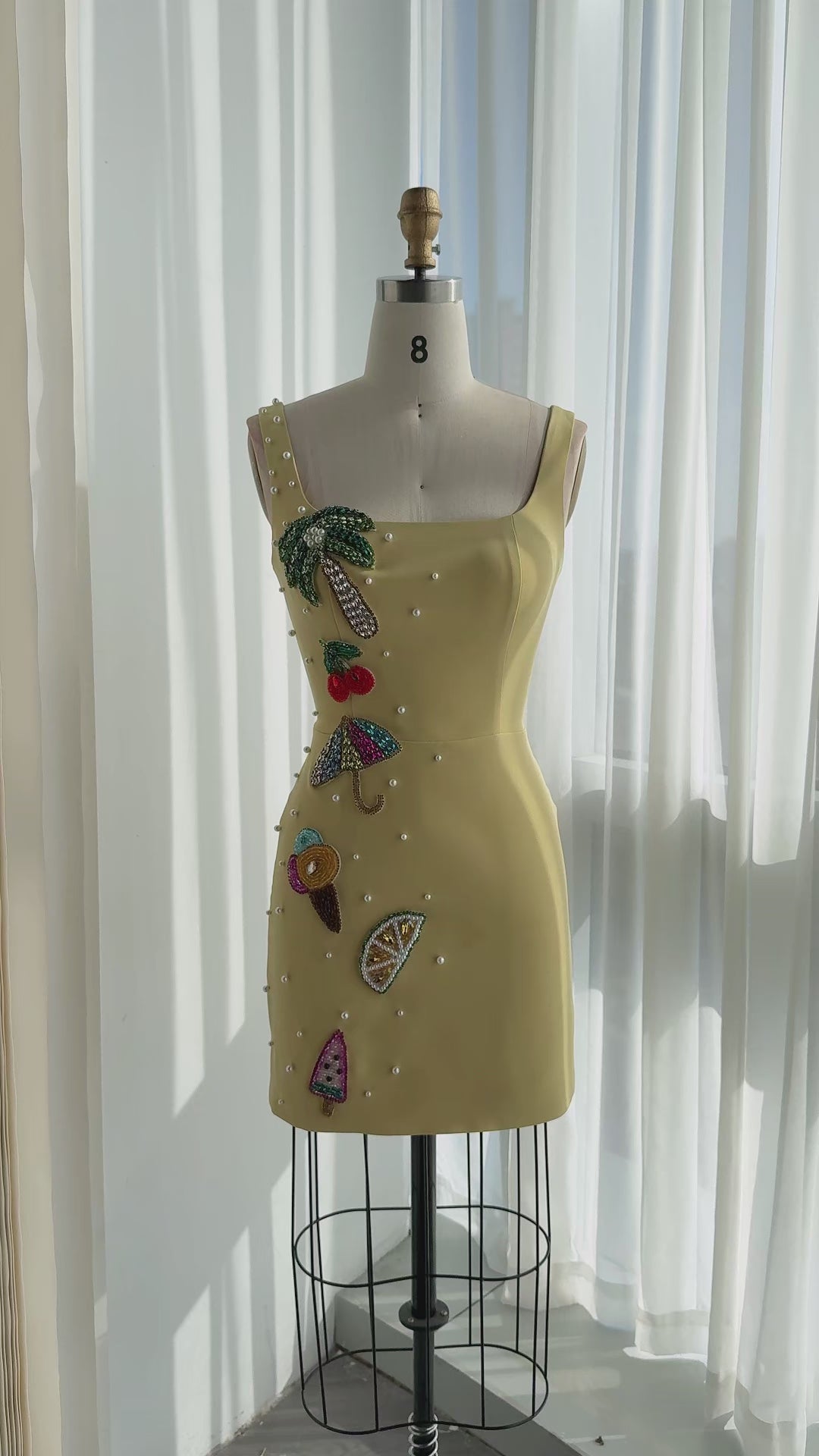 Load video: Yellow Beaded Applique Square Neck Mini Dress