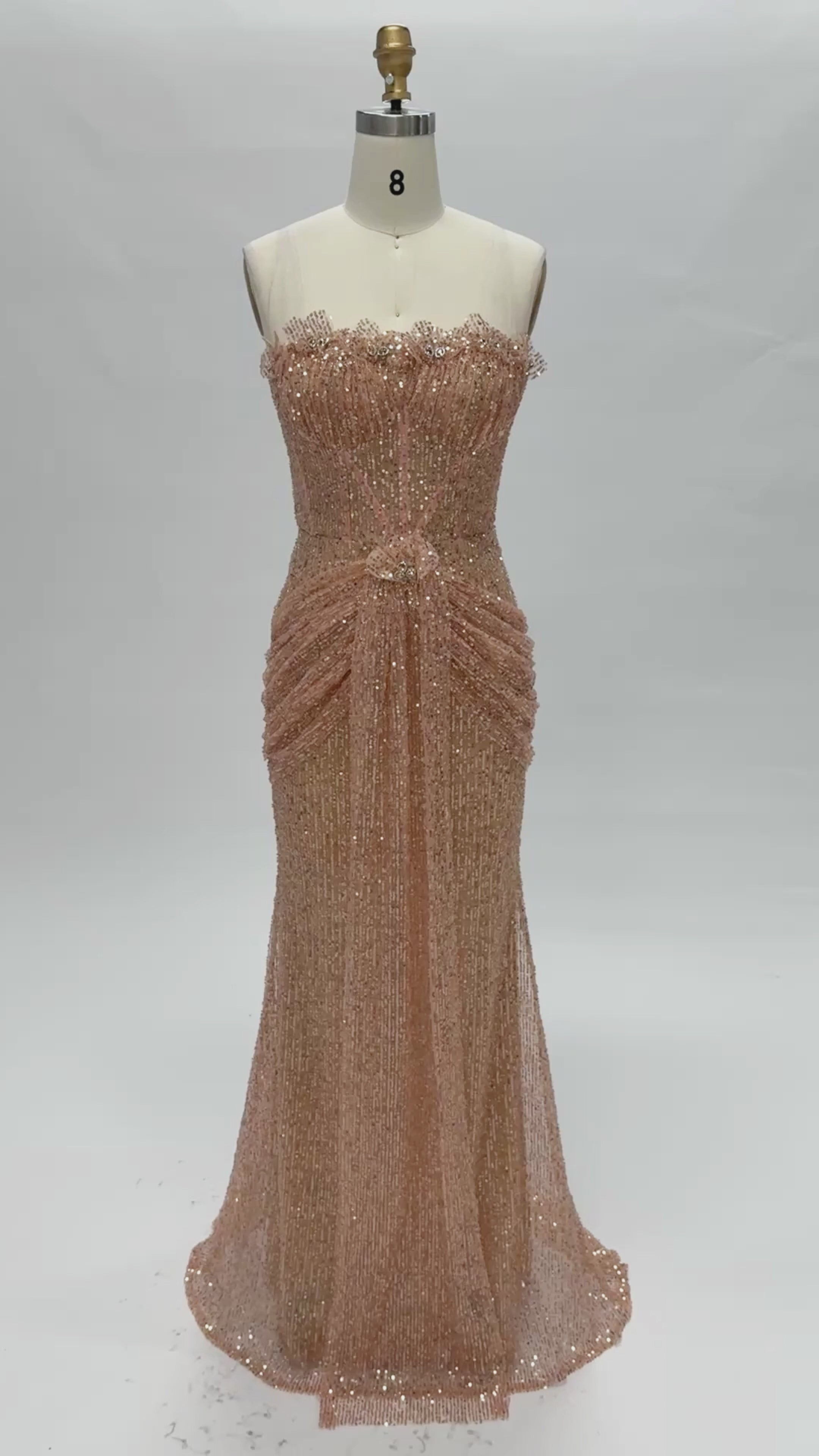 Load video: Rose Gold Sequin Strapless Draped Column Sheath Evening Gown ST017