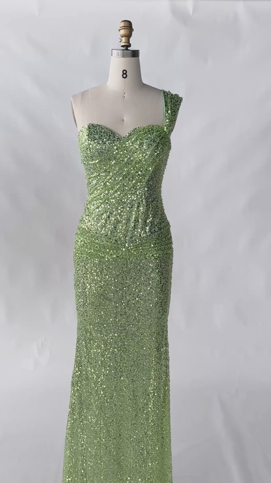 Load video: Green One Shoulder Sequin Evening Gown ST117