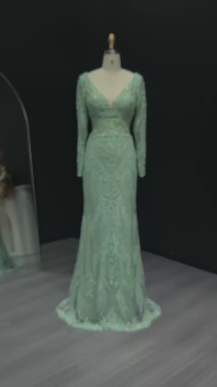 Load video: Elegant V-Neck Sage Green Embroidered Mermaid Prom Dresses for Women Wedding Party Evening Gowns