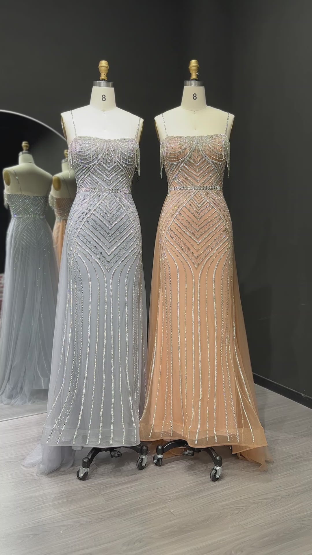 Load video: Romantic Spaghetti Strap Beaded A-Line Prom Dress with Fringe Accents SH310