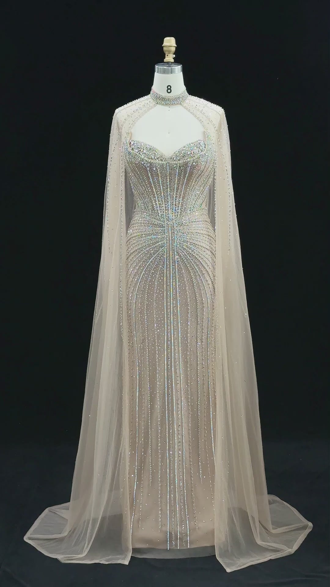 Video laden: Luxury Mint Green Beaded Mermaid Evening Dress with Cape SS156