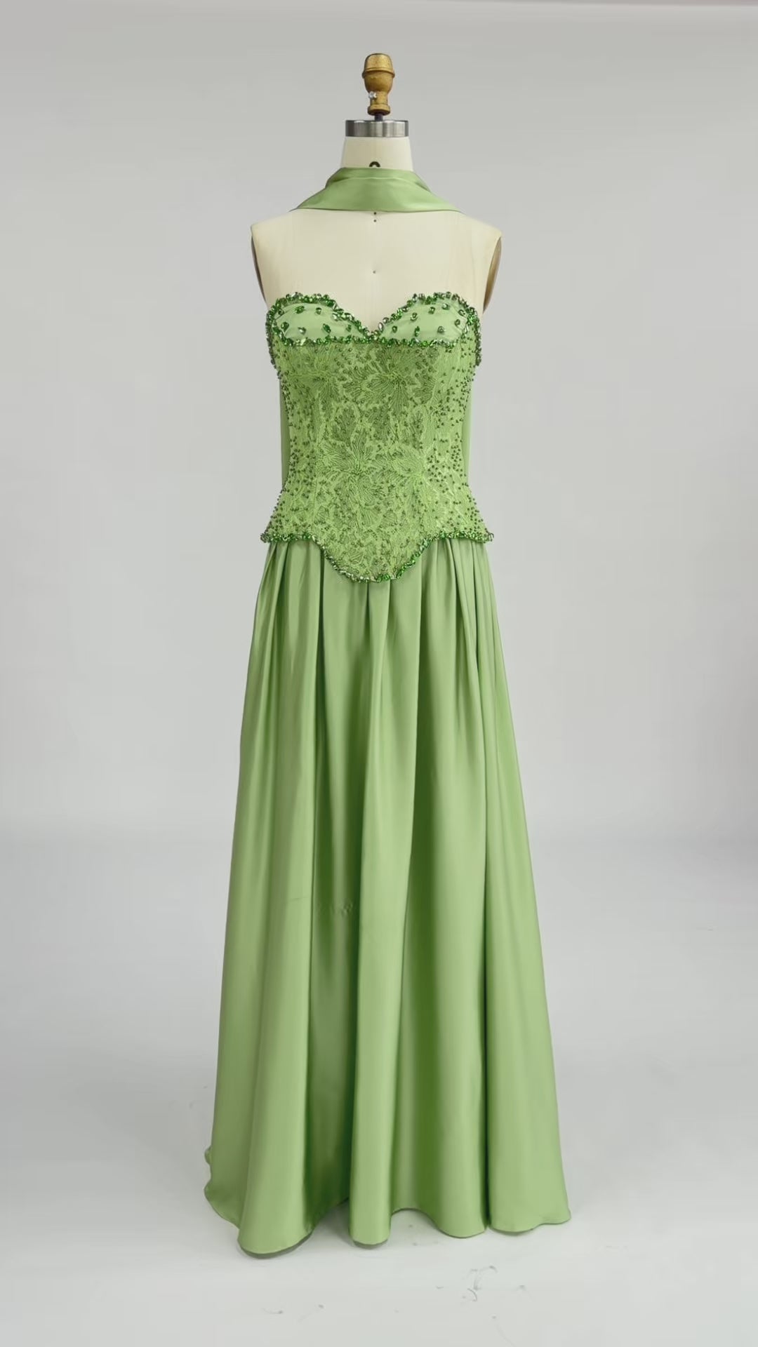 Load video: Sage Green Strapless Lace Corset Satin Maxi Evening Dress ST002