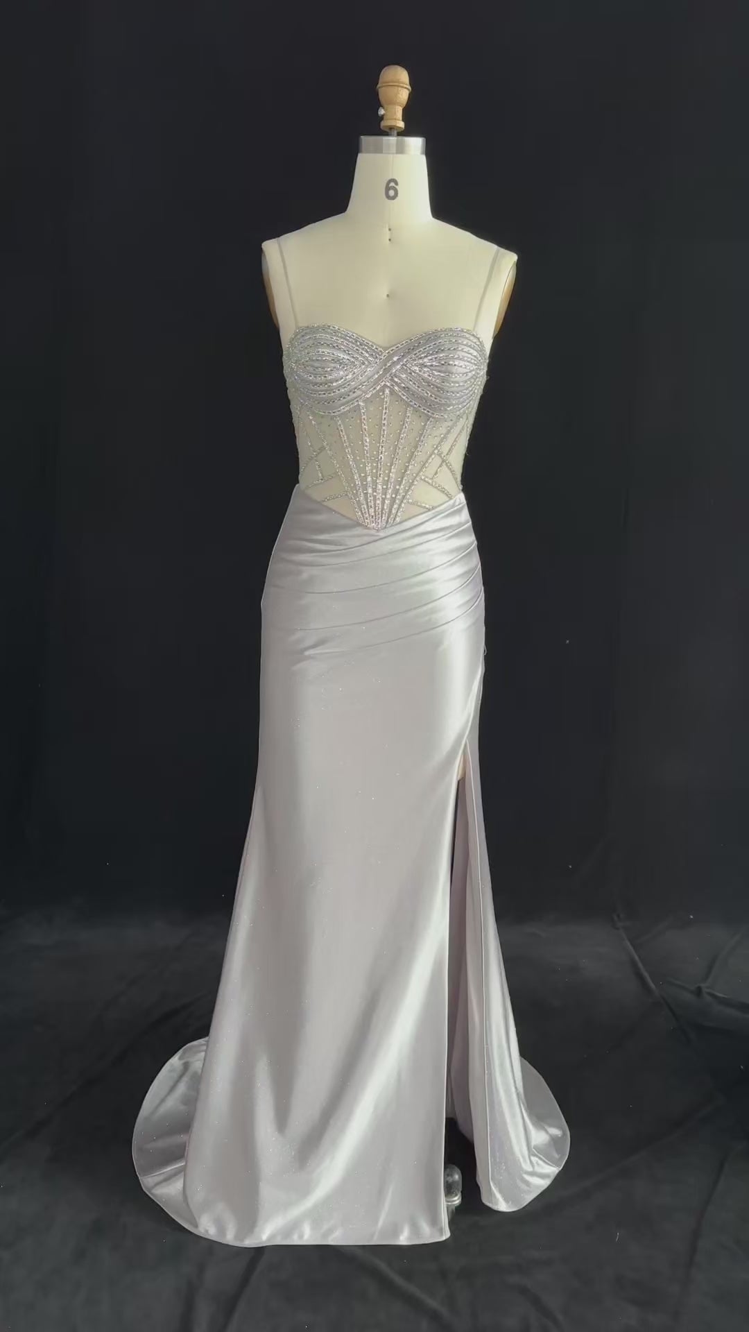 Load video: Glamorous Gray Sheer Mesh Rhinestone Lace Up Back Train Prom Dress SH198