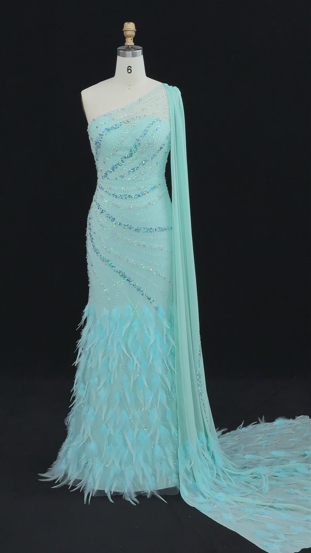 Cargar vídeo: Turquoise One-Shoulder Mermaid Evening Dress with Beading &amp; Feather SS498