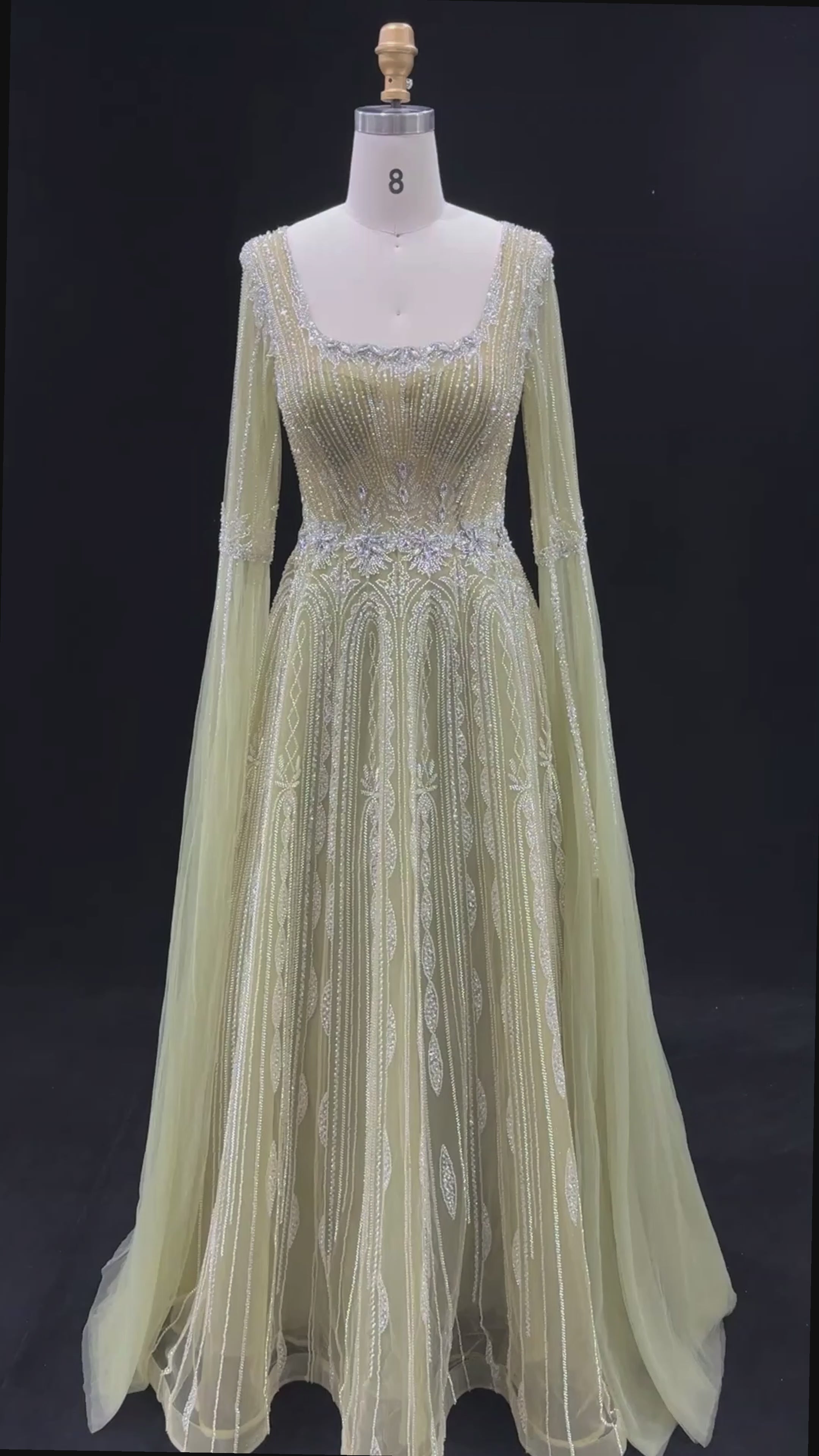 Carica video: Sparkling Sequined Square Neck Long Sleeve A Line Evening Gown SS065