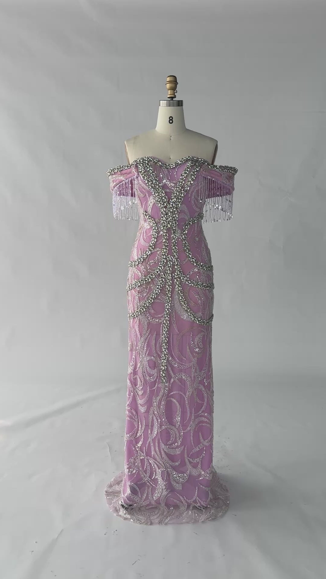 Load video: Lilac Off The Shoulder Beaded Fringe Formal Evening Dress ST053