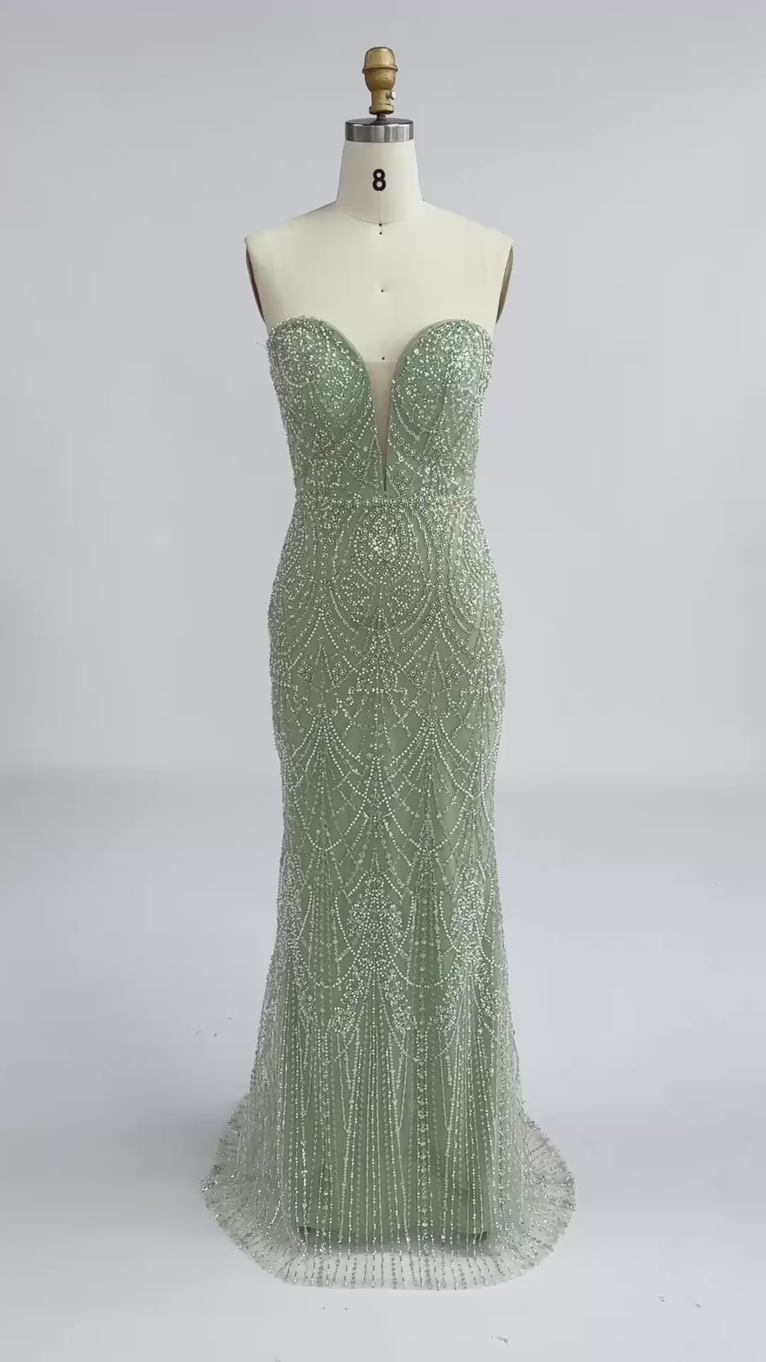 Load video: High Neck Cold Shoulder Beaded Sequin Evening Gown Tassel Fringe Formal Prom Green Dress ST005