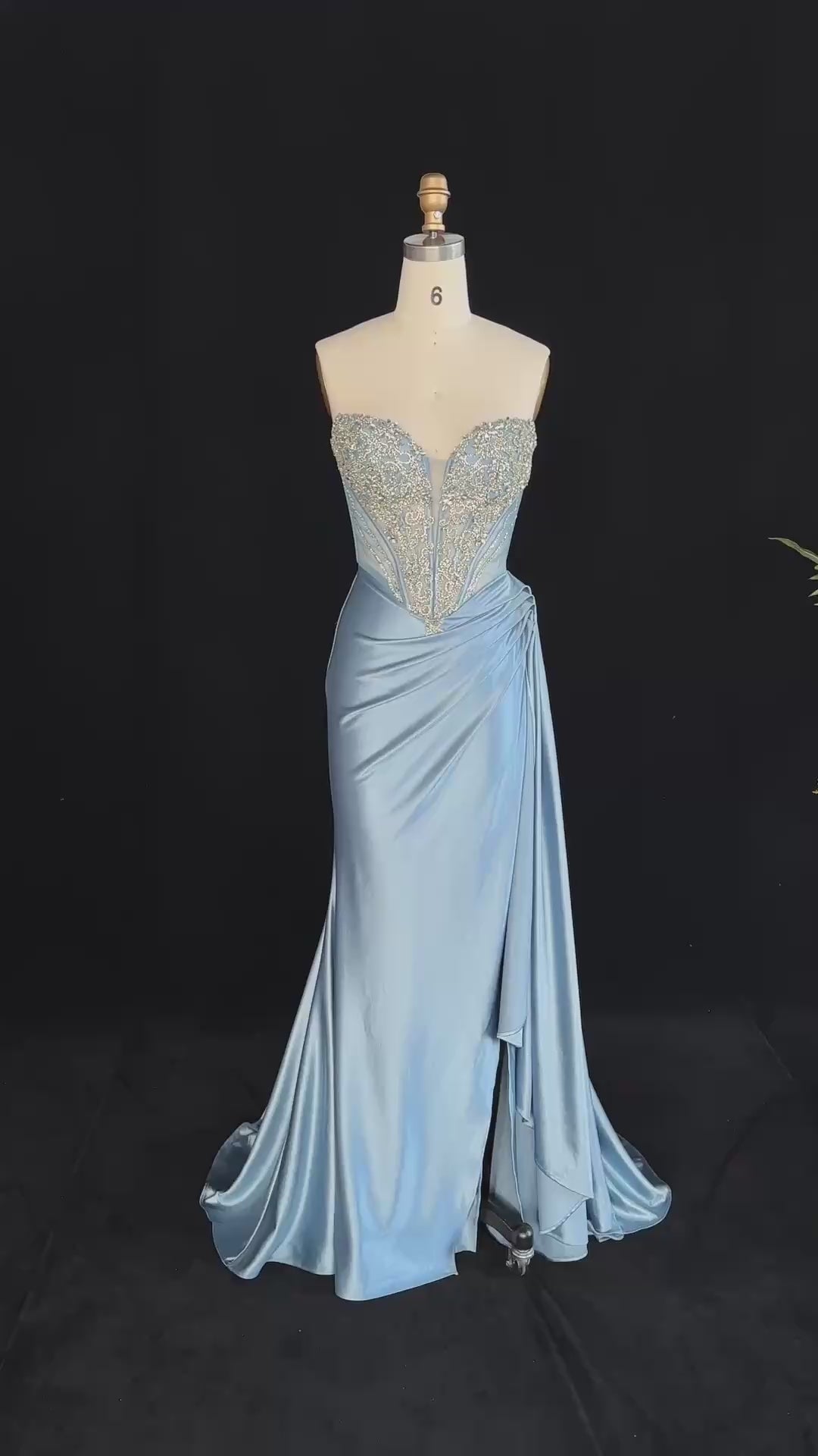 Load video: Dreamy Blue Wrap Ruched Side Overlay Strapless Mermaid Prom Dress SH195