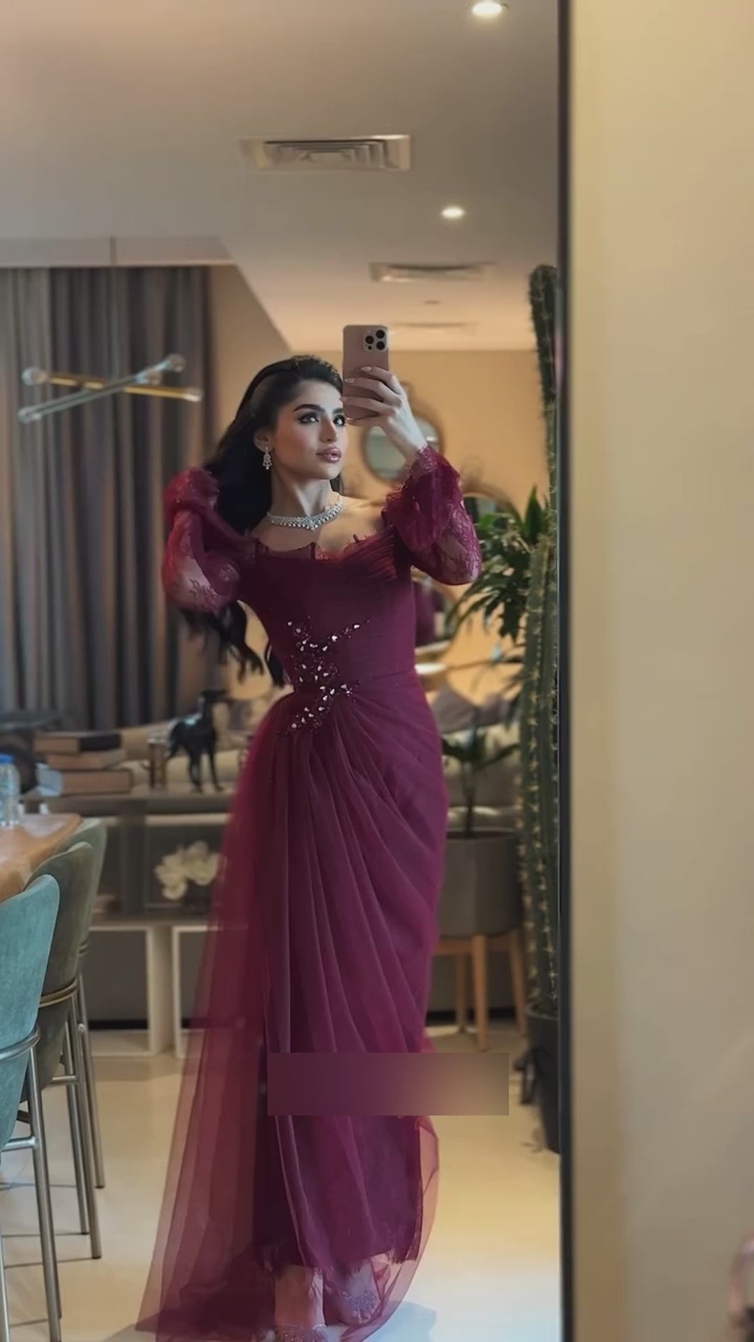 Charger la vidéo : Burgundy Off-the-Shoulder Lace Beaded Evening Dress with Long Sheer Sleeves SF456